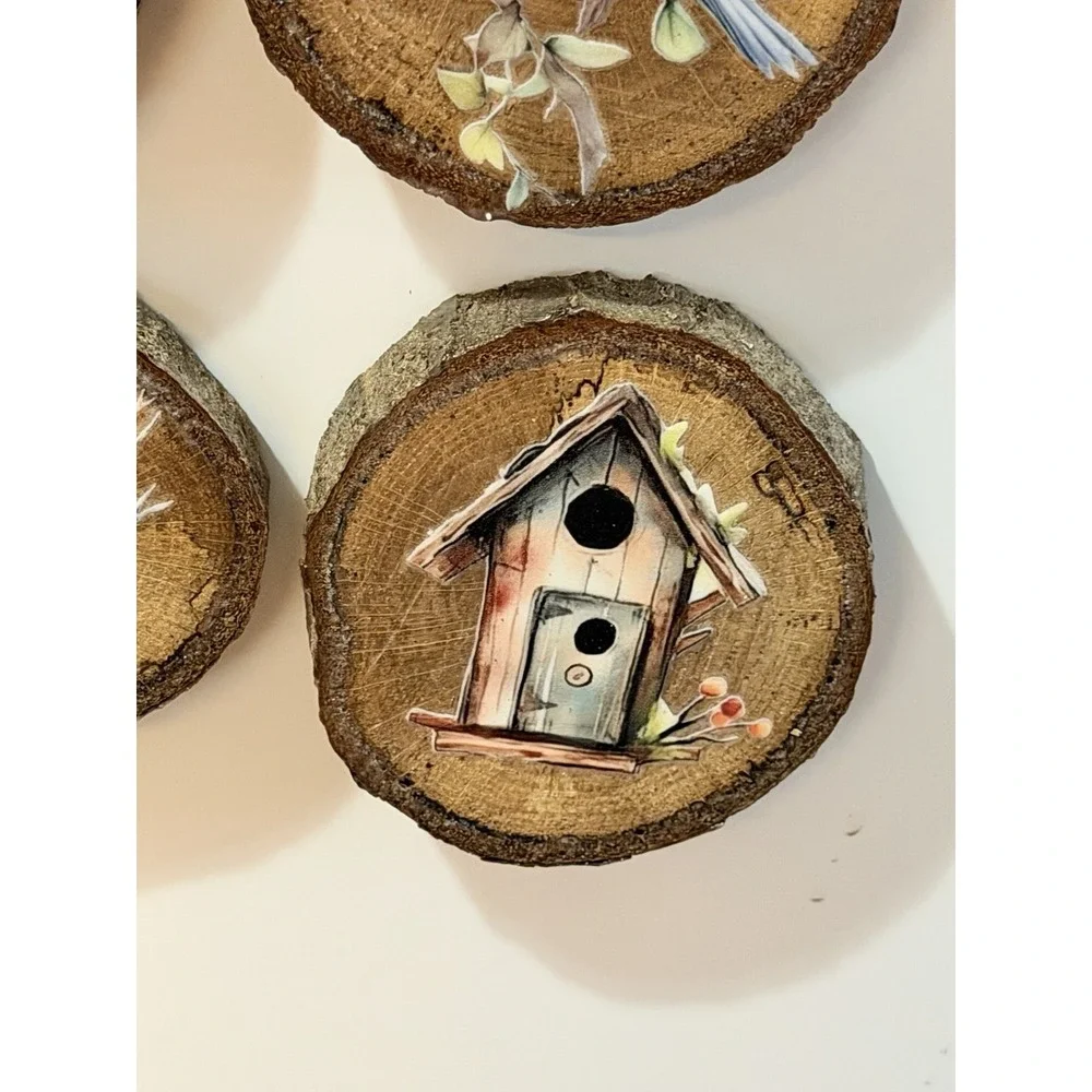 Set Of 4 Natural Oak Wood Bark Bird Magnets